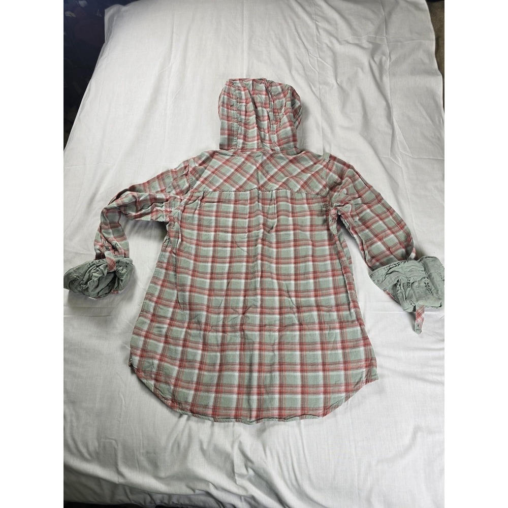 Columbia Shirt Womens Medium Green Plaid Hooded Button Up Roll Tab Long Sleeve - Picture 5 of 10